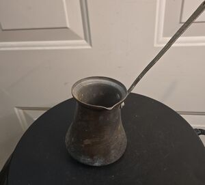 Vintage Copper Metal Laddle Pot with Long Engraved Handle Hand Made